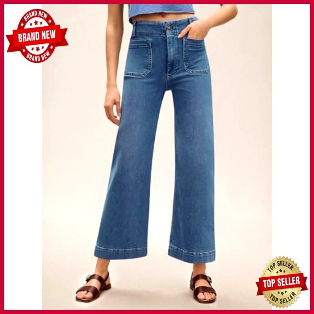High Waisted Wide Leg Cropped Jeans Stretchy Flare Denim Pants - Picture 2 of 7